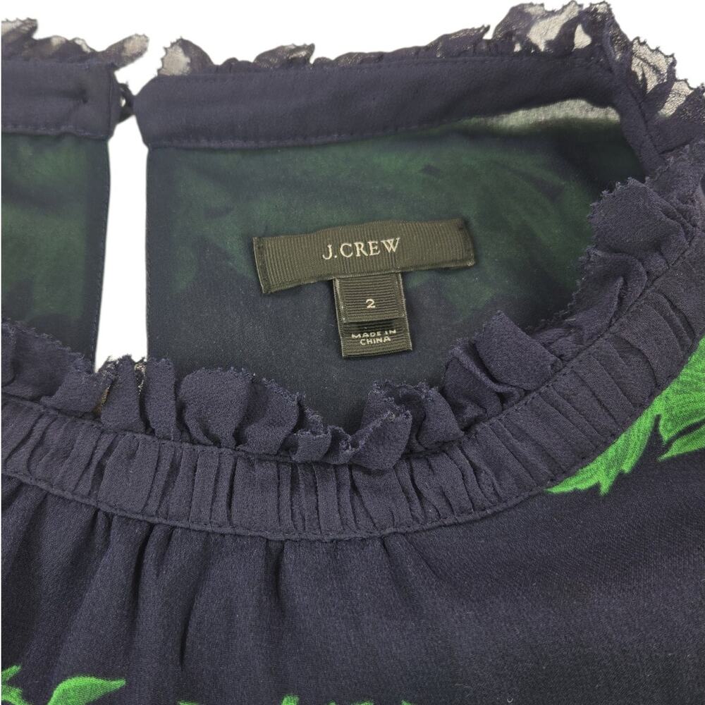 J.Crew | Navy & Green 100% Silk Ruffle Neck Shirt | Size 2 - Picture 5 of 7